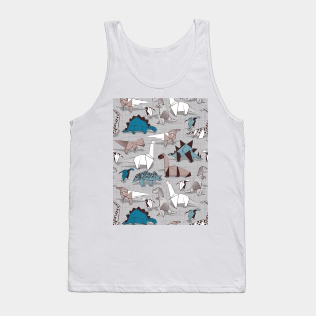 Origami dino friends // pattern // grey linen texture background blue white and beige dinosaurs Tank Top by SelmaCardoso